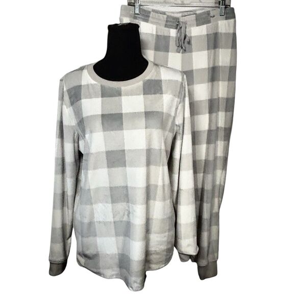 2 Pc Rachel Zoe Pajama Set Gray Plaid Velour Plush Jogger Style Pants - Picture 1 of 12